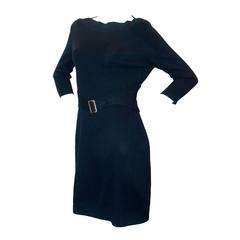Chanel Navy Cashmere 3/4 Sleeve Dress w/ Wide-Cut Neck & Belt w/ Gold Buckle -40