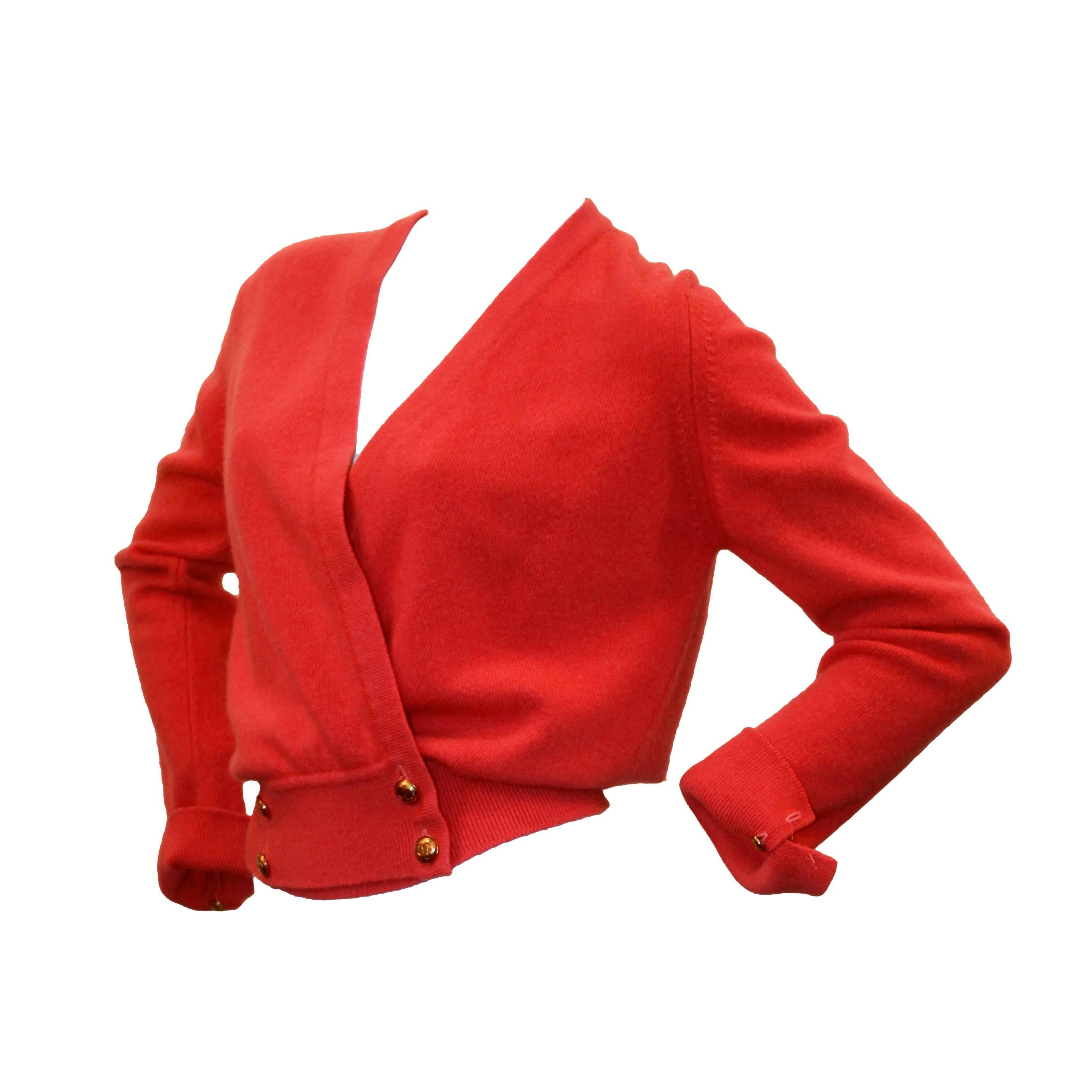 Chanel Vintage Coral Cashmere Cardigan with Cinched Bottom- circa 1980's - M