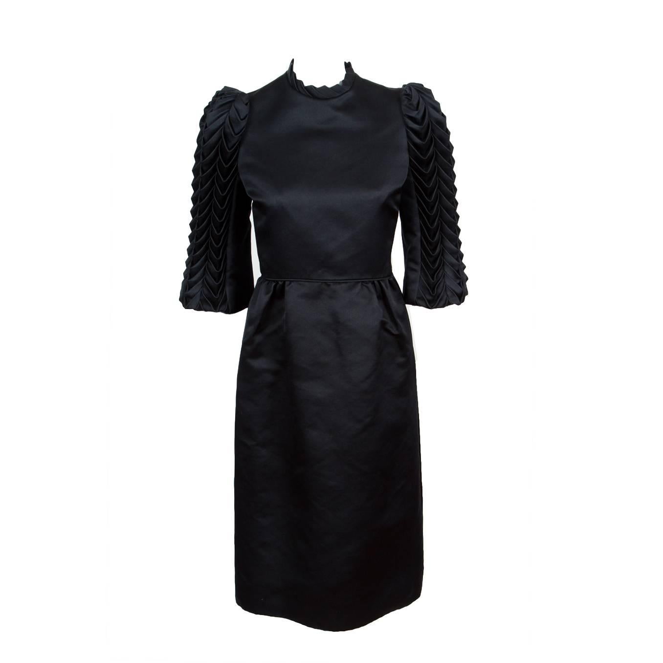 1960s/70s Alfred Bosand Black Silk Satin Cocktail Dress w/Origami 3/4 ...