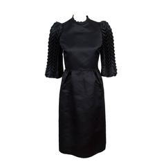1960s/70s Alfred Bosand Black Silk Satin Cocktail Dress w/Origami 3/4 Sleeves