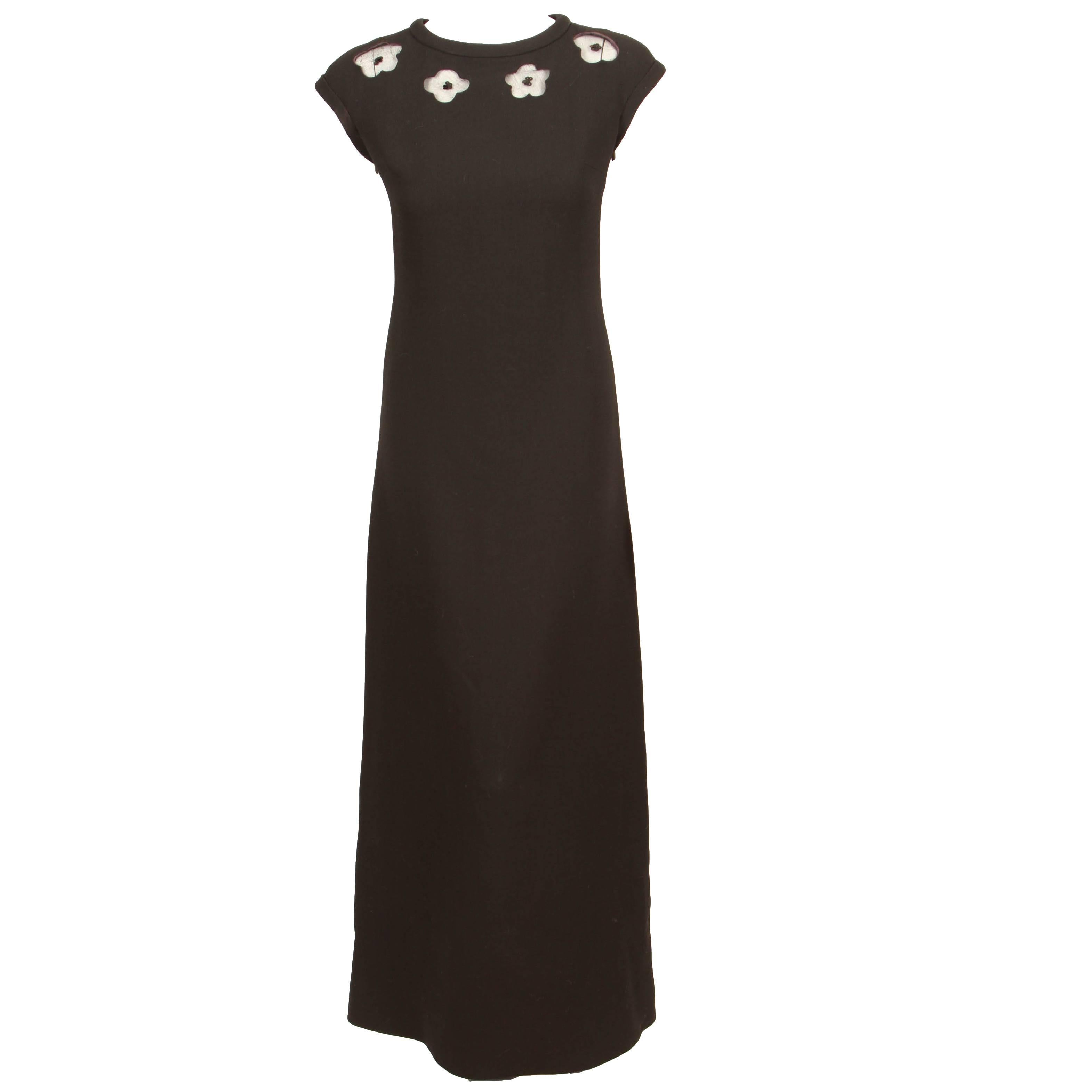 1970's Courreges Black A-Line Evening Gown w/Cap Sleeves & Floral Cutouts  For Sale