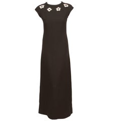 Vintage 1970's Courreges Black A-Line Evening Gown w/Cap Sleeves & Floral Cutouts 