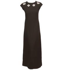 1970's Courreges Black A-Line Evening Gown w/Cap Sleeves & Floral Cutouts 