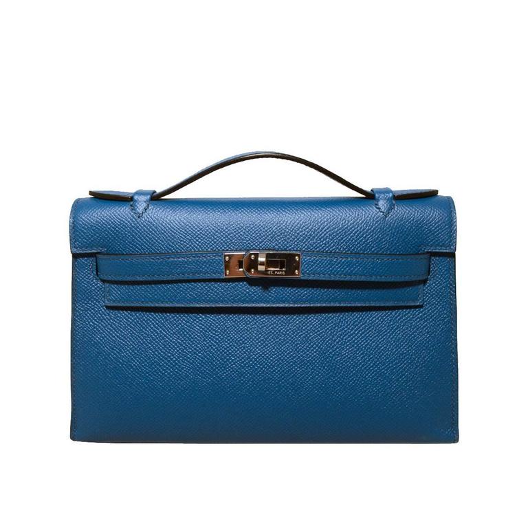 Stunning Hermes Blue Izmir Epsom Leather Kelly Pochette at 1stDibs