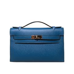 Stunning Hermes Blue Izmir Epsom Leather Kelly Pochette