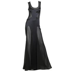 2000S VERSACE Black Silk Charmeuse Gown With Sheer Chiffon Peek-A-Boo Panels