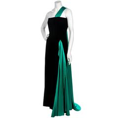 1970's Jacqueline de Ribes Black Velvet & Green Satin One-Shoulder Draped Gown