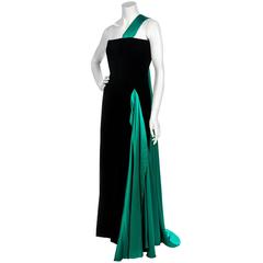 1970's Jacqueline de Ribes Black Velvet & Green Satin One-Shoulder Draped Gown