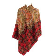 Retro Valentino Jacquard red tartan & paisley silk shawl 1990s