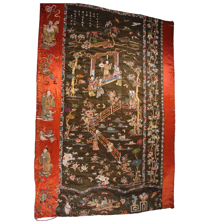 Antique Embroidered Chinese Wall Hanging For Sale at 1stdibs