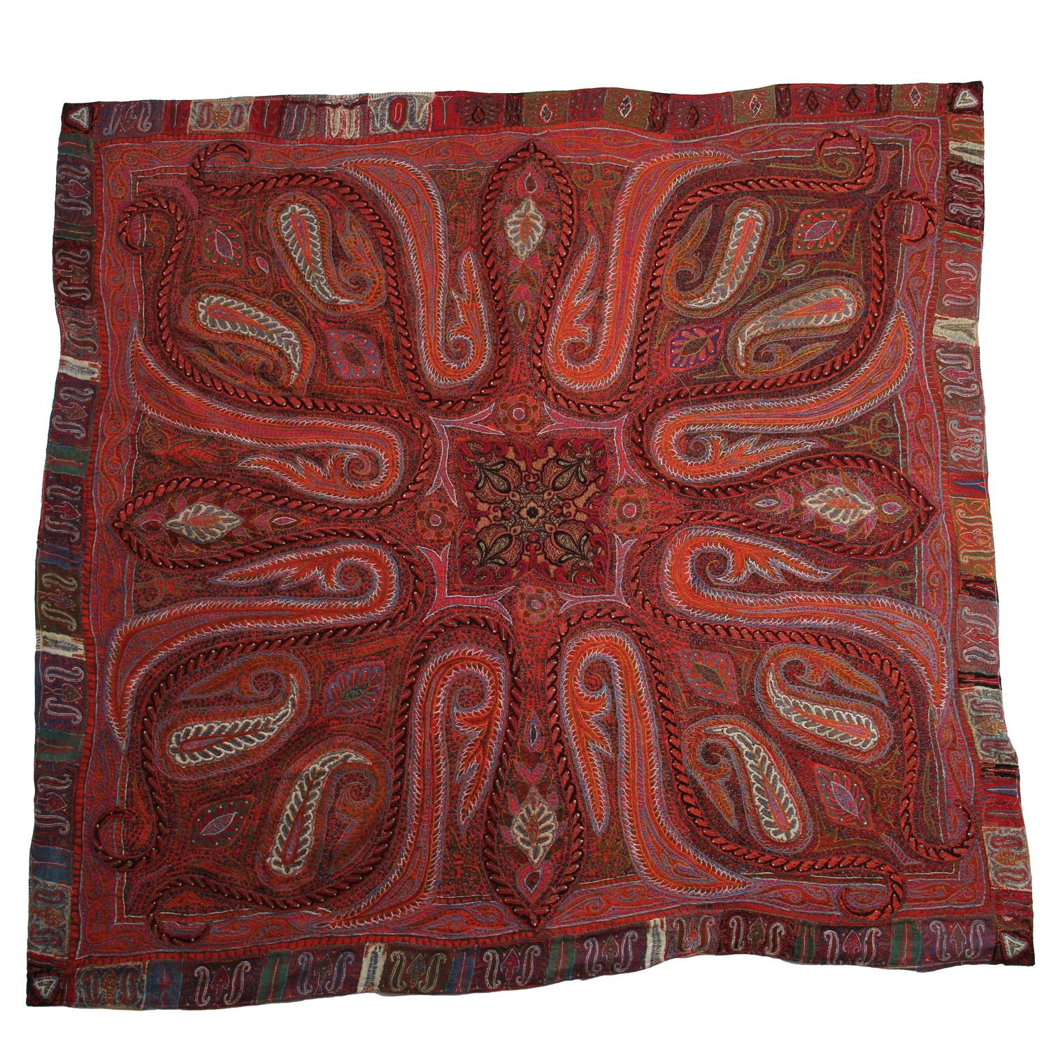 Antique Indian Embroidered Paisley Shawl blanket For Sale at 1stdibs