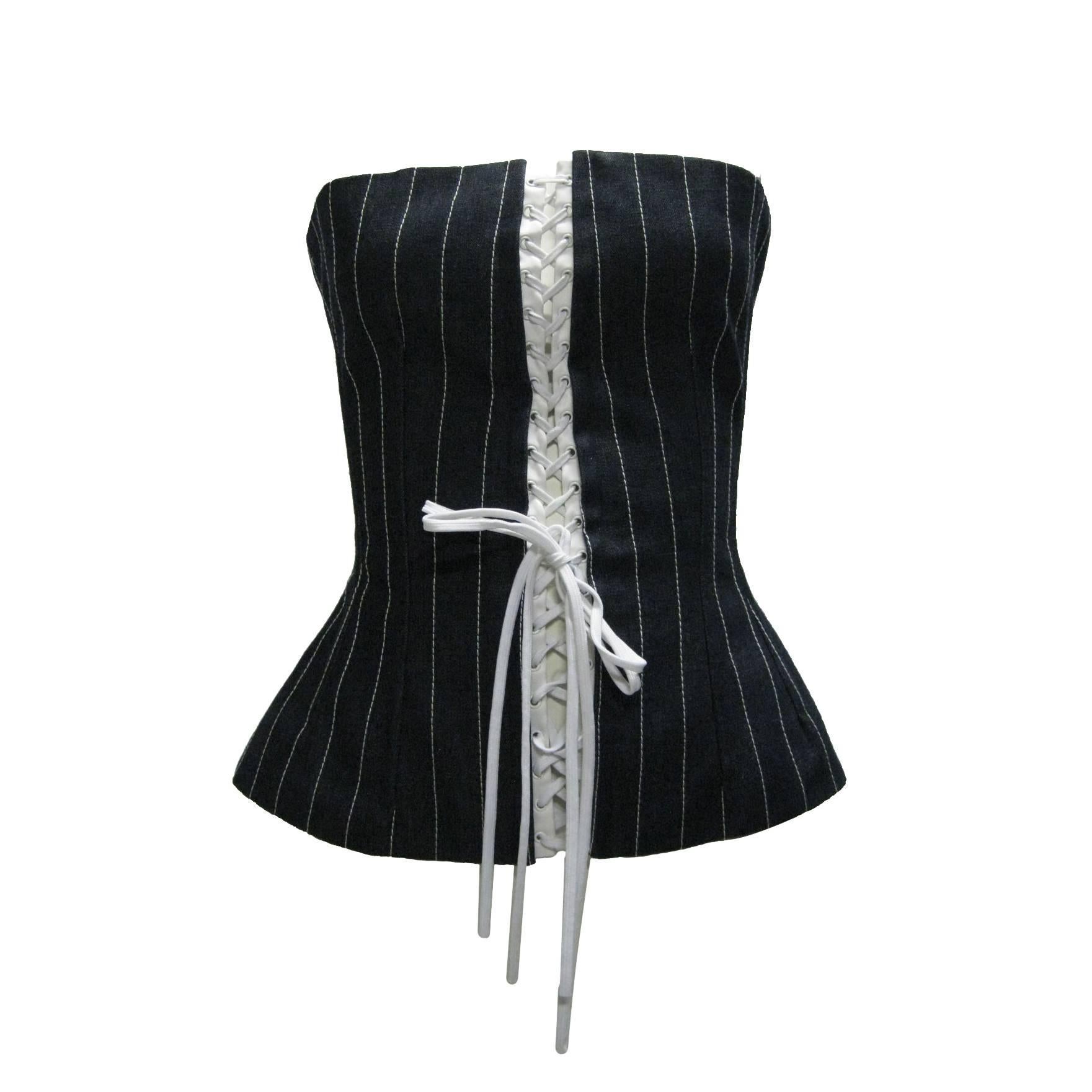 Dolce & Gabbana Denim Pin Stripe Lace Up Corset