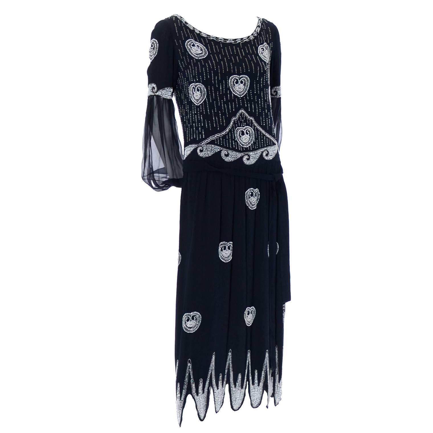 Art Deco 1920s Beaded Black Vintage Dress W/ Handkerchief Hem & Sheer Sleeves For Sale