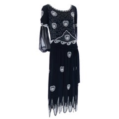 Art Deco 1920s Beaded Black Vintage Dress W/ Handkerchief Hem & Sheer Sleeves