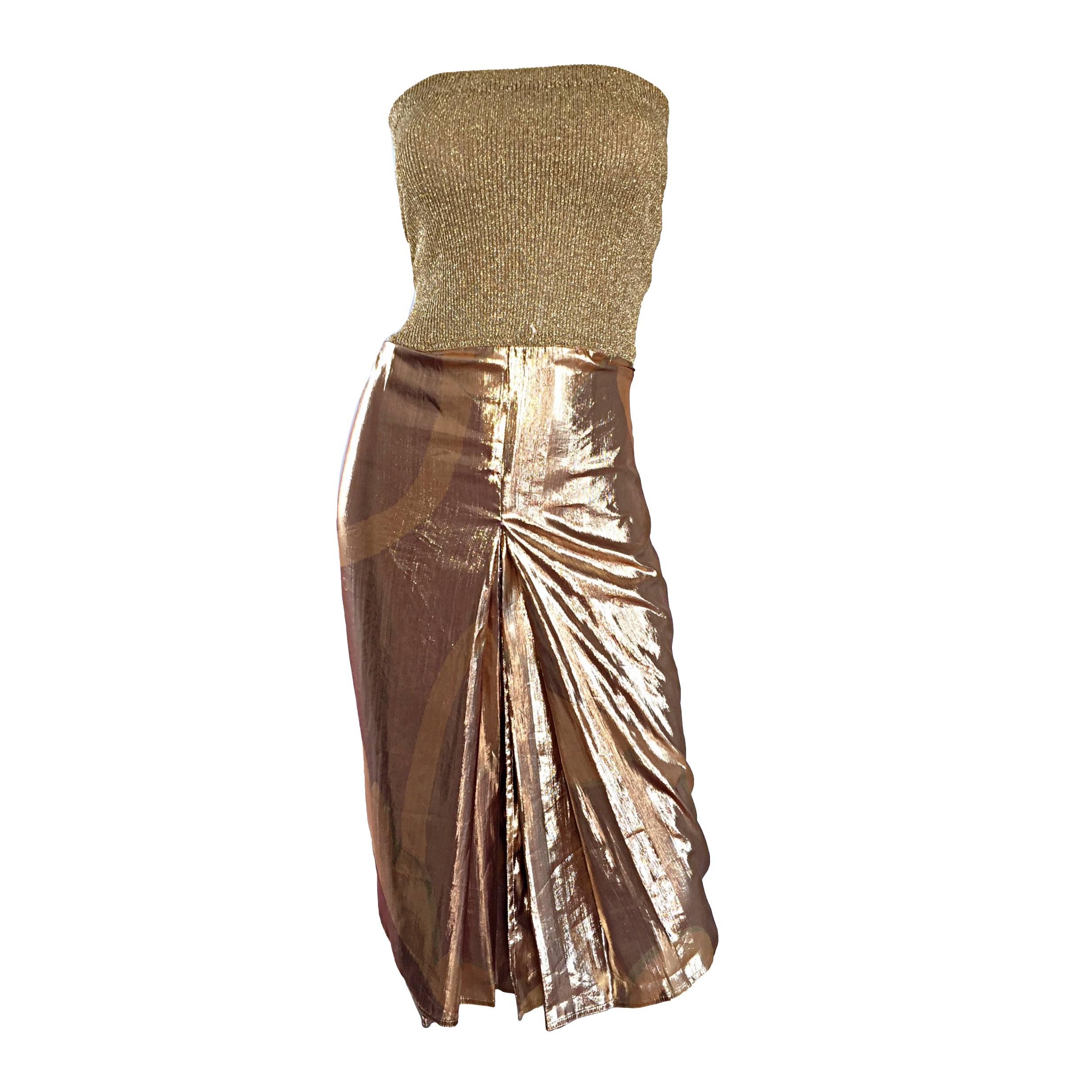 Amazing Vintage Gianfranco Ferre Gold Silk + Lame Strapless Pleated Sexy Dress