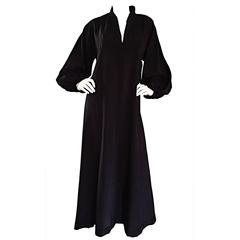 Rare Vintage Halston Black Caftan Silk Dress w/ Empire Waist & Billow Sleeves