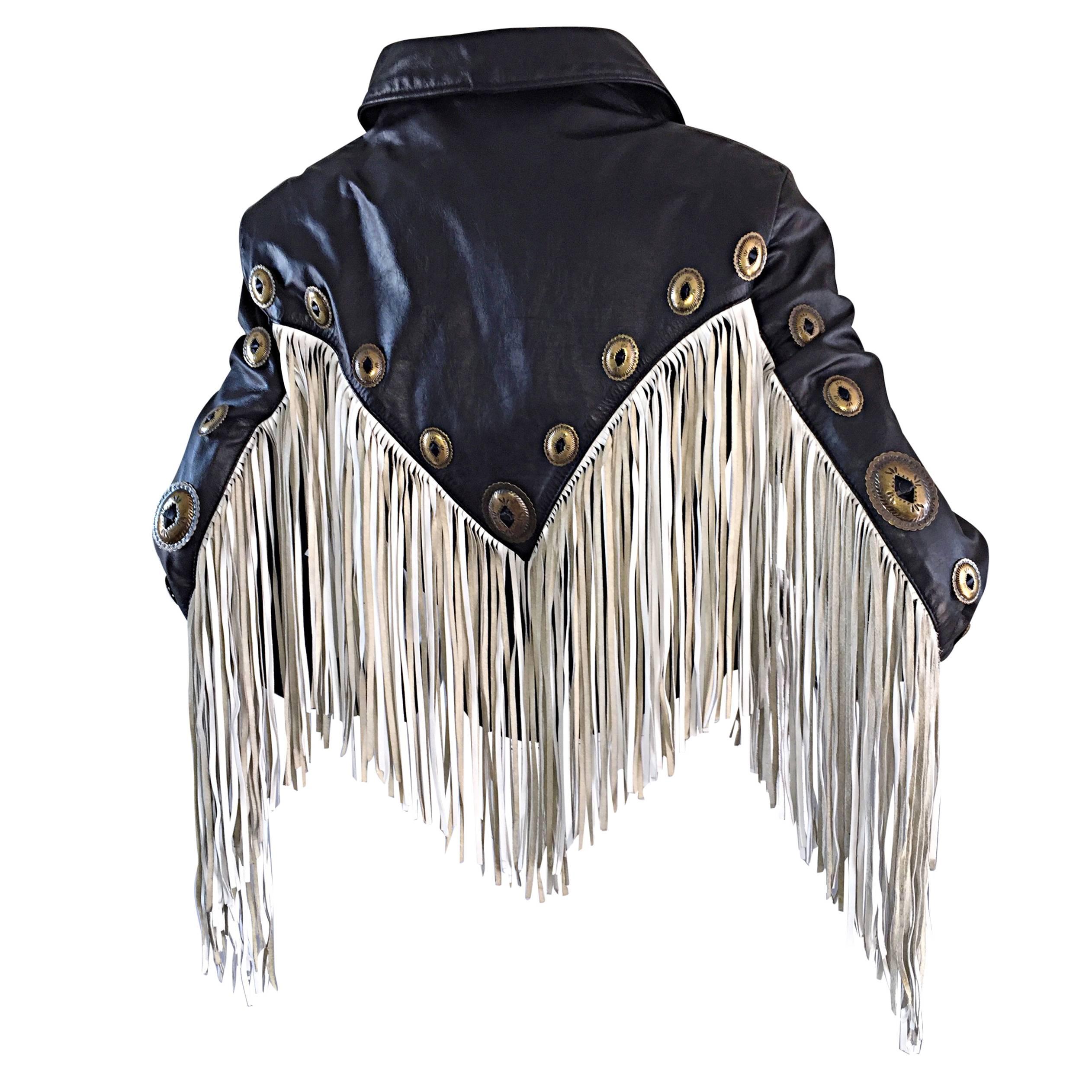 Amazing Vintage Black and White Leather Fringe Biker Western Jacket