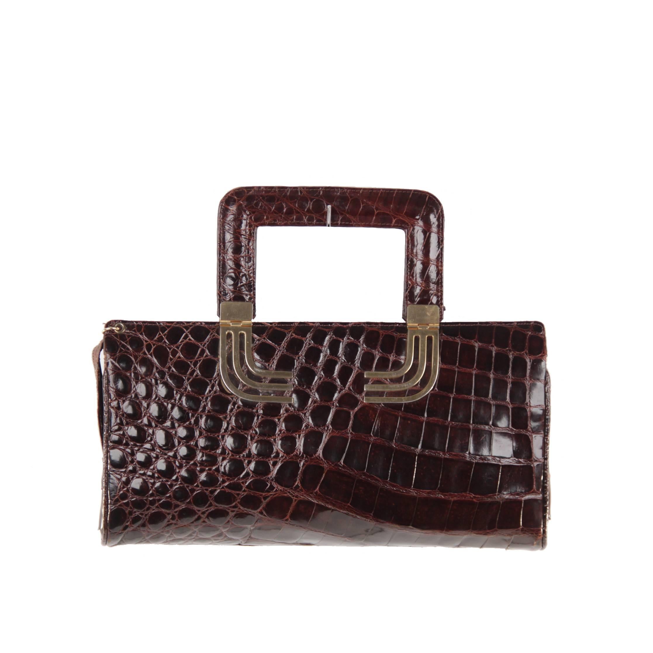 VINTAGE Italian  Brown CROCODILE Leather TOTE HANDBAG Purse