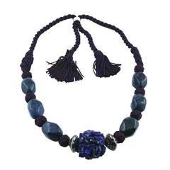 Yves Saint Laurent YSL Vintage Agate and Lapiz Lazuli Silk Tassel Necklace 