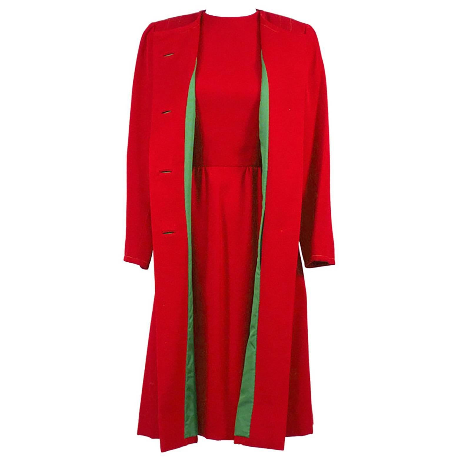 1950s Vintage Sheath Dress And Coat Suit Red Green Christmas Holiday Ensemble
