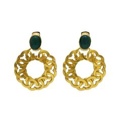 1990's Chanel Hoop Earrings with Green Stone 