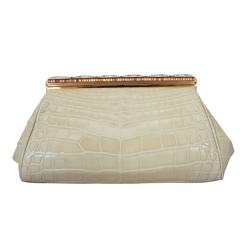 Judith Leiber Ivory Crocodile Clutch with Rhinestone and Gold Clasp