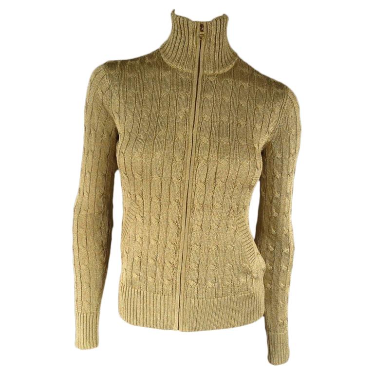 RALPH LAUREN BLACK LABEL Size S Gold Metallic Cable Knit Zip Mock Neck ...