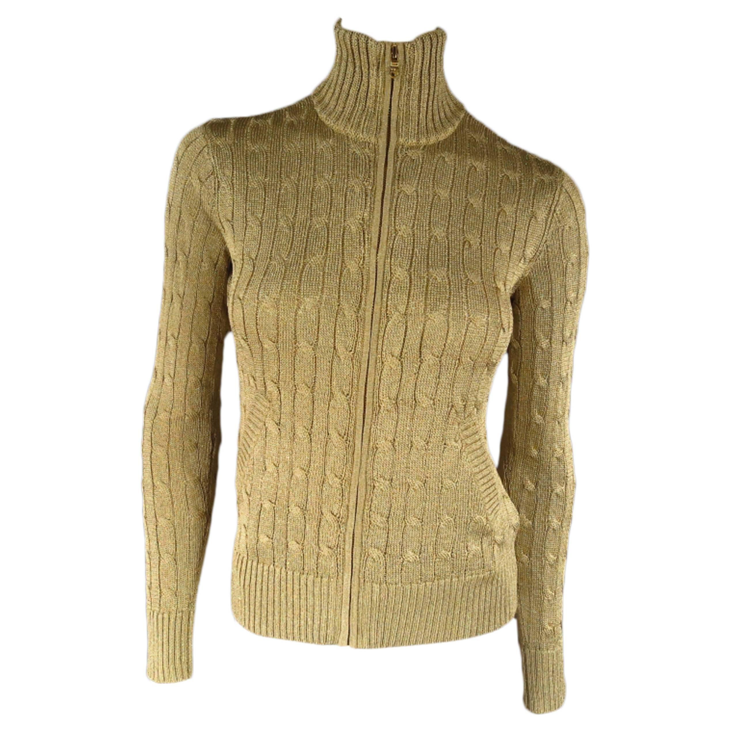 RALPH LAUREN BLACK LABEL Size S Gold Metallic Cable Knit Zip Mock Neck Cardigan