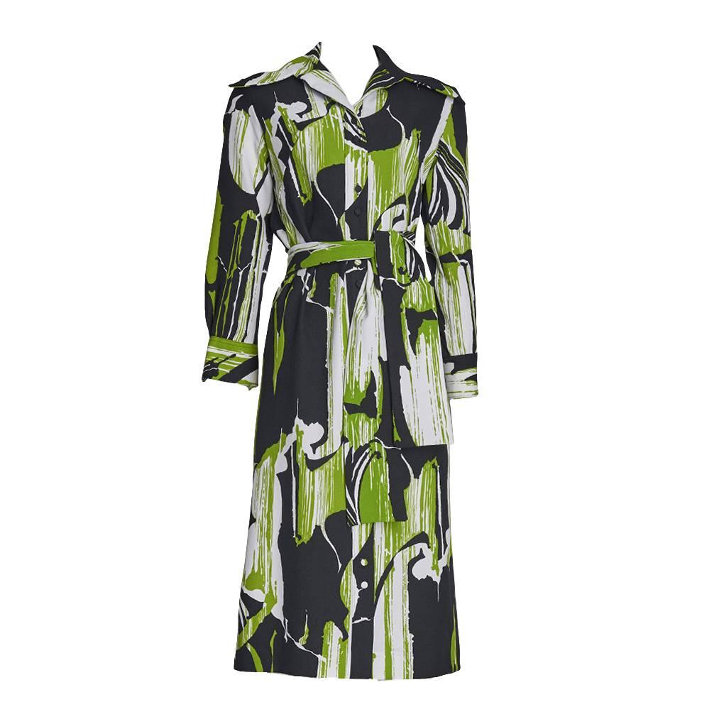 1970s Lime White & Black Abstract Print Lanvin Shirt Dress For Sale