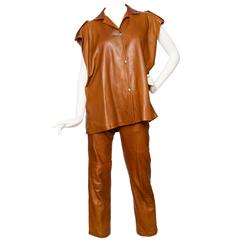 Vintage 1980s Claude Montana Soft Tan Leather Trouser & Vest Ensemble 