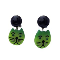Retro Bakelite green cat head clip back earrings