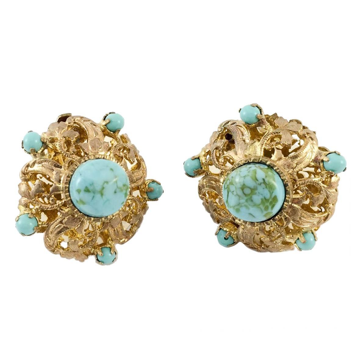 Chanel (by Maison Gripoix) Turquoise Poured Glass Clip-on Earrings - 1950s