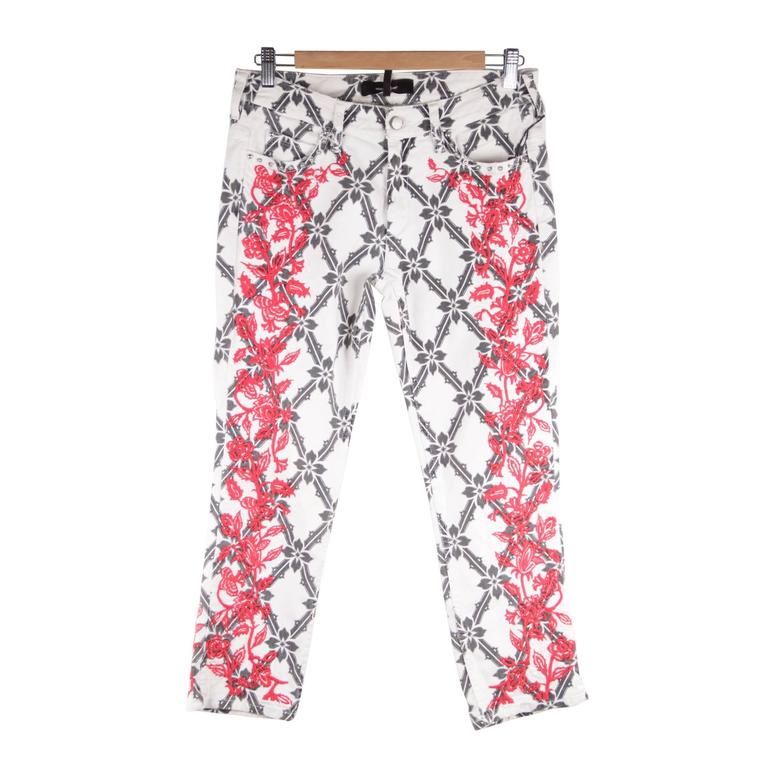 ISABEL MARANT Red Floral EMBROIDERY Cotton CROPPED Skinny JEANS Pants Sz 38  For Sale at 1stDibs