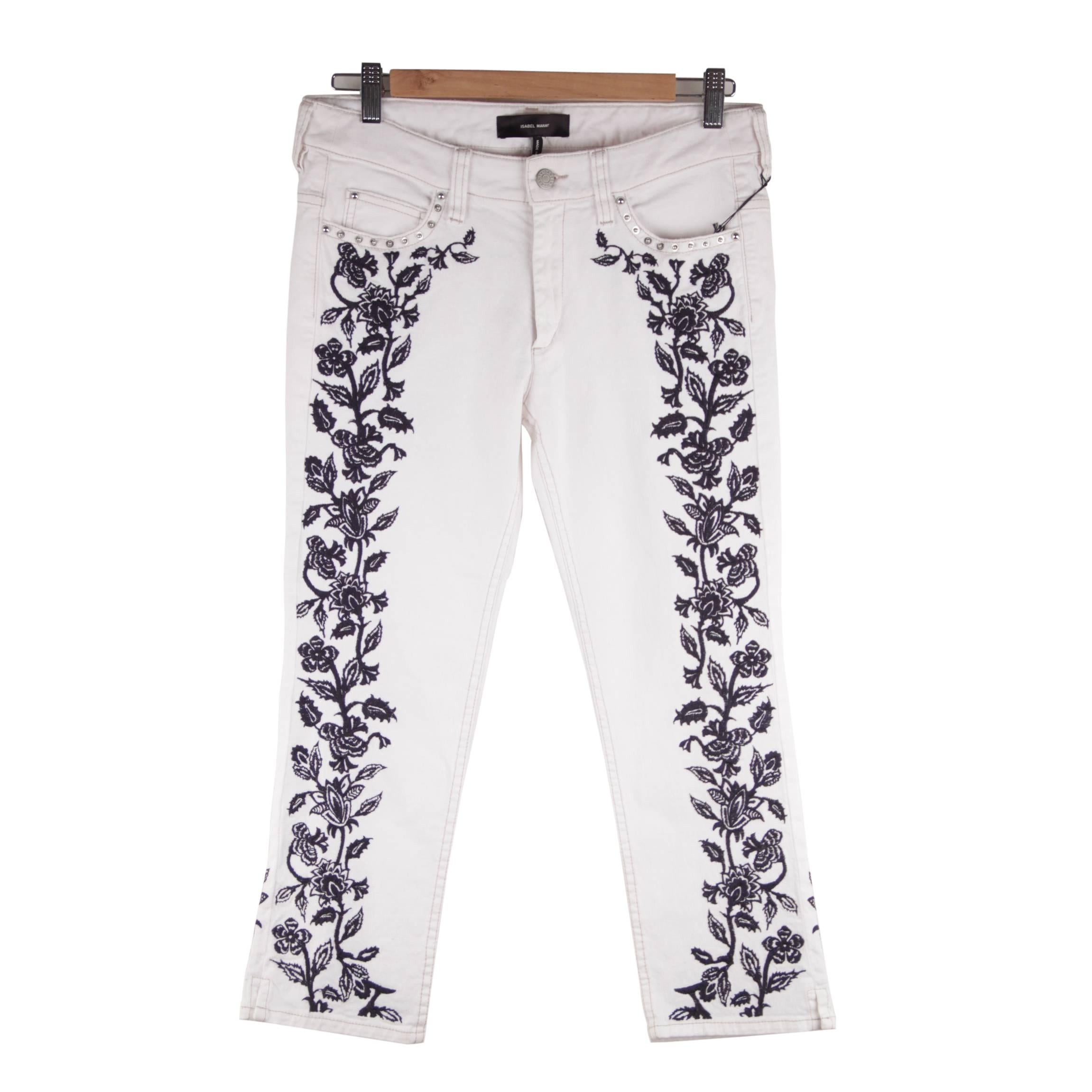 ISABEL MARANT White EMBROIDERED Cotton CROPPED Skinny JEANS Pants Sz 38