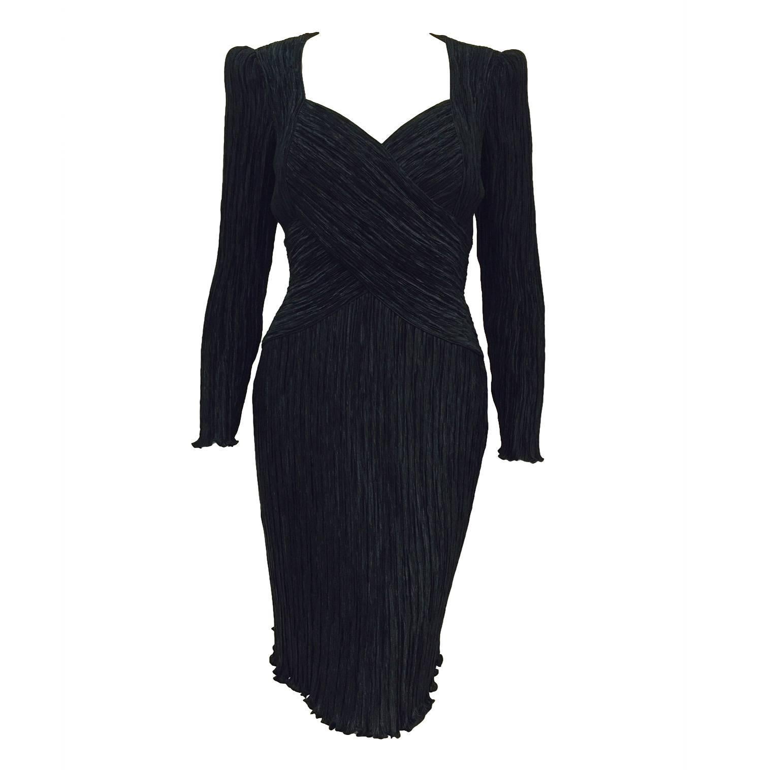 Vintage Mary McFadden Couture Black Marii Pleated Long Sleeve Cocktail Dress  For Sale