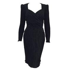 Vintage Mary McFadden Couture Black Marii Pleated Long Sleeve Cocktail Dress 