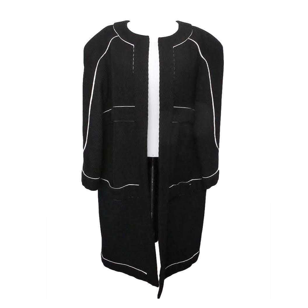 Chanel Black Ottoman Coat with White Silk Piping For Sale