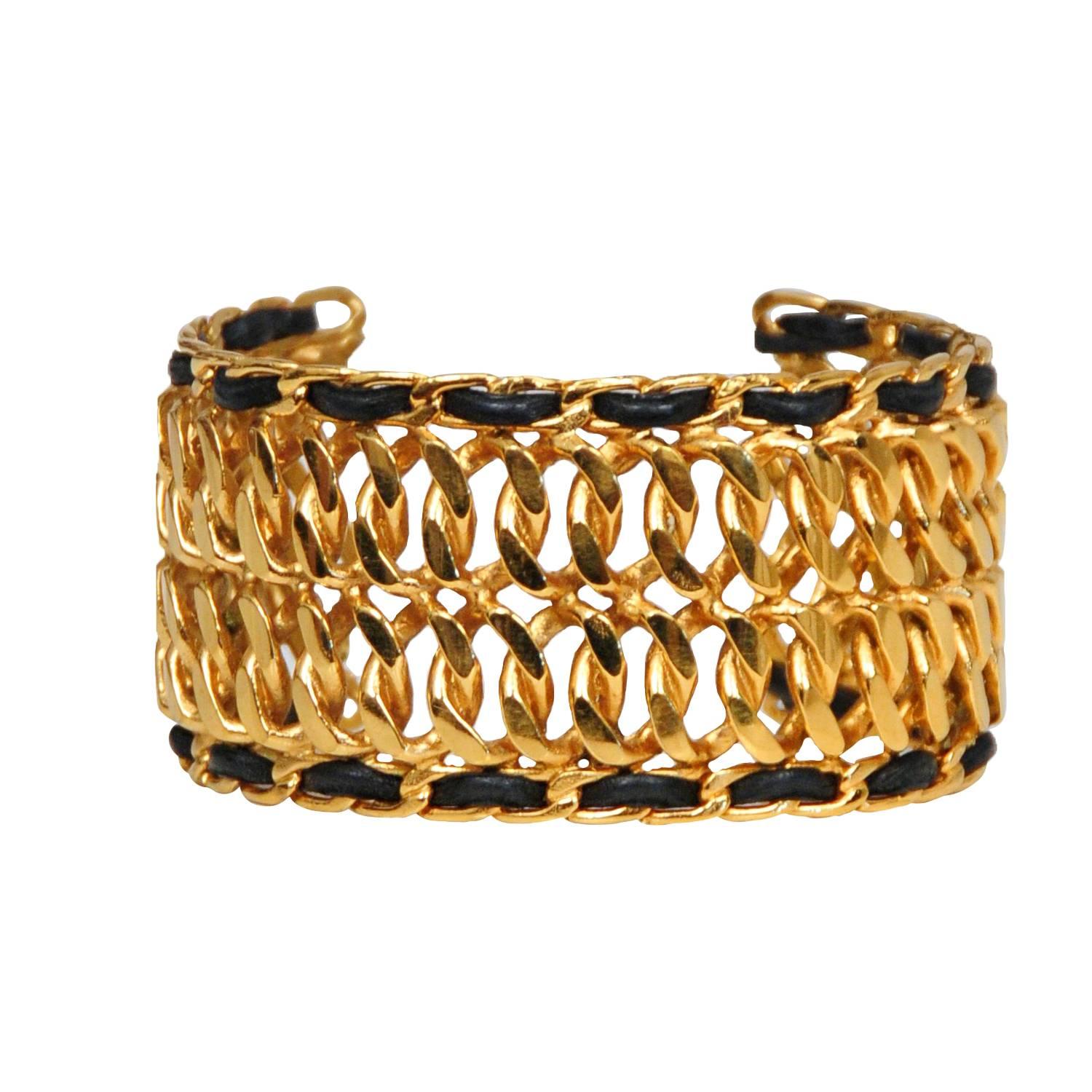 Chanel Gold Chain & Leather Cuff 