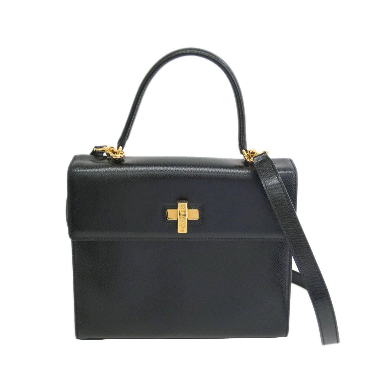 Celine Vintage Black Leather Gold Hardware Satchel Shoulder Bag at 1stdibs