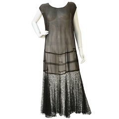 Vintage 1920s Chiffon Drop Waist "Flapper" Dress with Black Lace