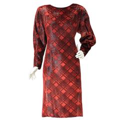1980s Galanos Red Velvet Plaid Print Dress 9