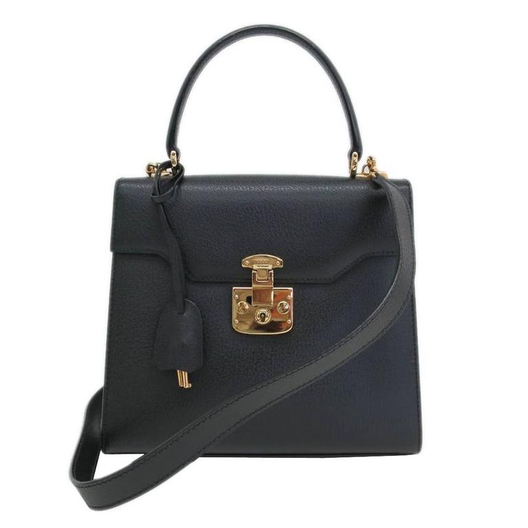 Gucci Black Leather Gold Hardware Box Kelly Satchel Shoulder Bag at 1stdibs