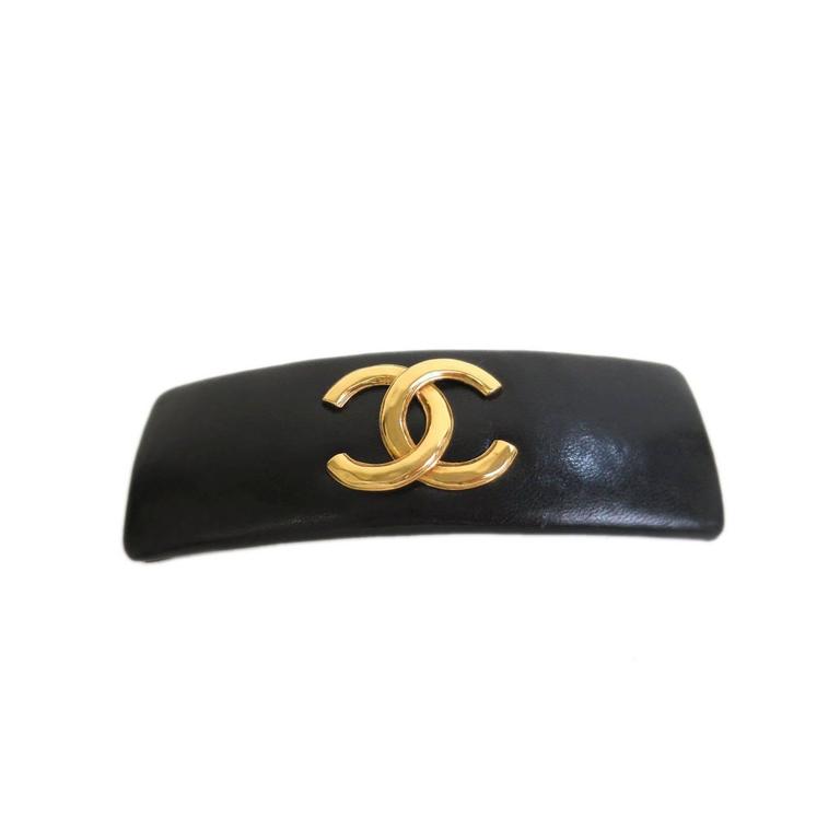 Chanel Black Lambskin Leather and Gold CC Hair Barrette at 1stDibs