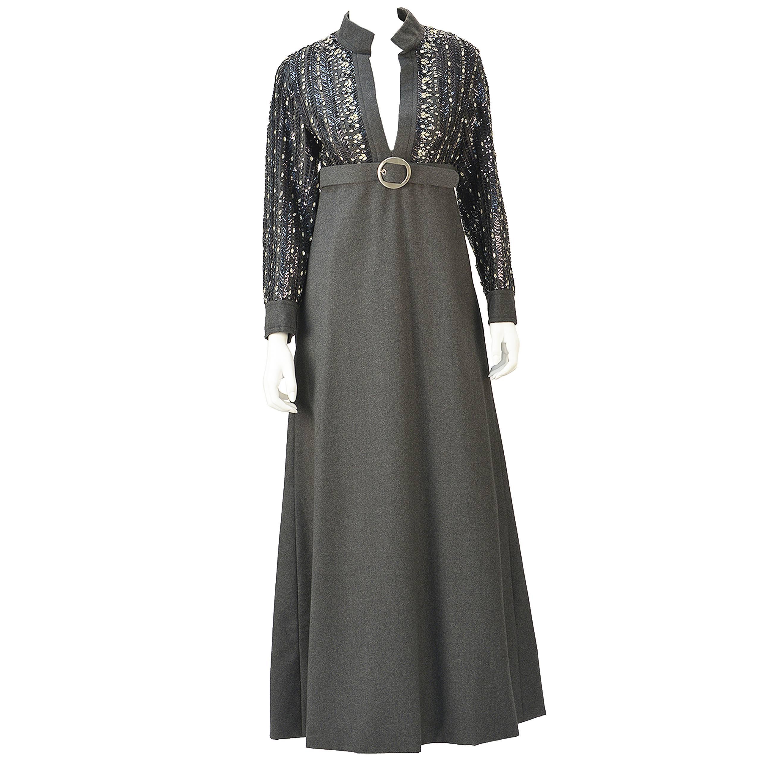 1970s Galanos Rhinestone and Beaded Grey Wool Evening Dress 