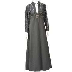 1970s Galanos Rhinestone and Beaded Grey Wool Evening Dress 3
