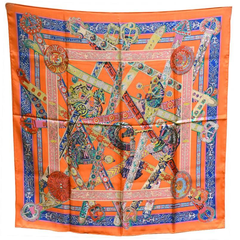 Hermes Le Songe de la Licorne Silk Scarf in Orange