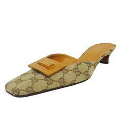 Never Worn Gucci Beige and Ebony Monogram Canvas Square Toe Slides 