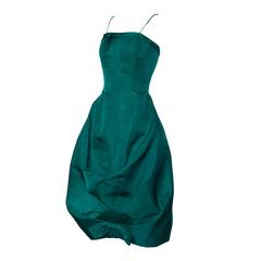 Suzy Perette Vintage Green Silk Cocktail Dress with an Origami Bubble Hem, 1950s