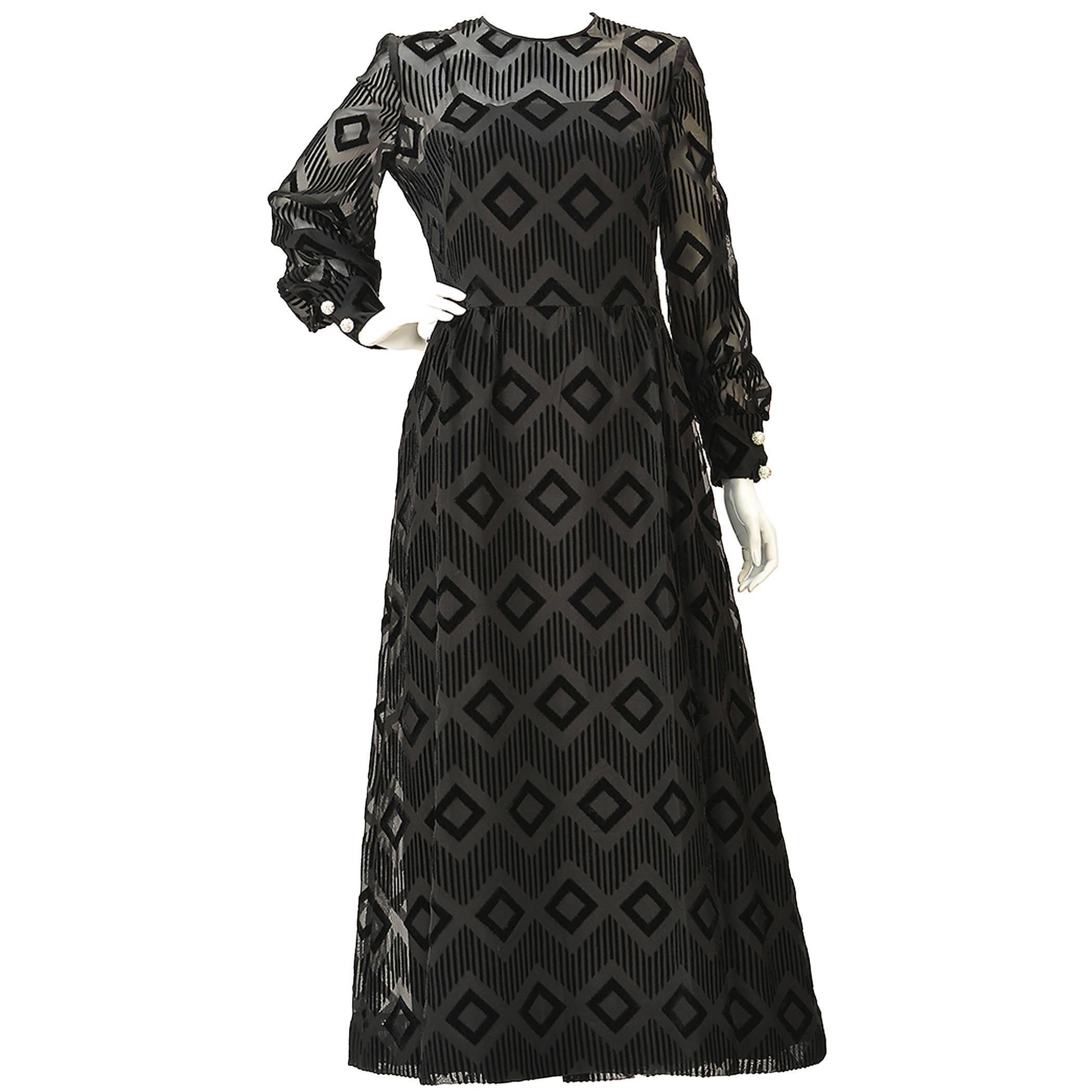Pierre Balmain Black Silk Burnout Dress, 1970s  For Sale