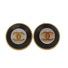 Chanel Vintage Gold Black Button CC Earrings Chanel Vintage Gold Black Button CC Earrings